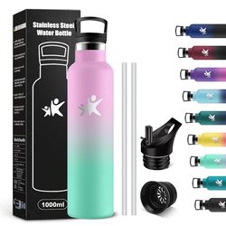 KollyKolla Botella Agua Acero Inoxidable 1L, Botella Termica con Pajita y Filtro, Reutilizable, Cantimplora sin BPA, Prueba de Fugas, Termo para Senderismo, Adultos, Escuela, Deporte, Gimnasio