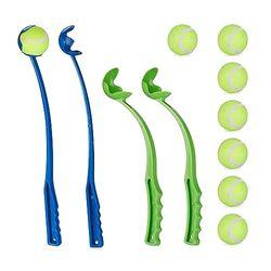 Relaxdays Lancia Palla per Cani, Set da 4 Giocattolo Ball Launcher per Animali Domestici, 8 Palline da Tennis, Blu Verde