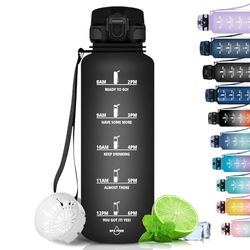 Grsta Drinkfles 1,5 l, sportfles, BPA-vrij, drinkfles geschikt voor koolzuurhoudende dranken, lekvrij, waterfles met filter en tijdmarkering voor gym, fitness, camping en school