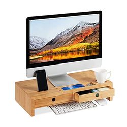 Relaxdays Suporte para monitor, elevador com 2 gavetas para secretária, de bambu, escritório, 12 x 56 x 27 cm, castanho natural