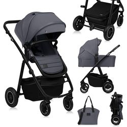 LIONELO AMBER PLUS 2-in-1 wandelwagen voor kinderen van 0 tot 4 jaar tot 22 kg met XL-gondel, verstelbare rugleuning, 5 punts banden grote offroad-wielen 360 o schuur XXL demping wandelwagen (grijs