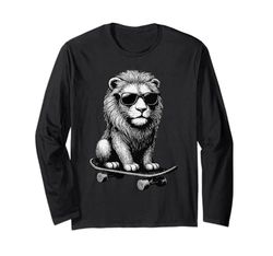Skateboarder Leone Che Indossa Occhiali da Sole Animal Skater Graphic Maglia a Manica