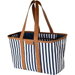 CleverMade Collapsible LUXE Tote - Navy Striped 1 Pack 30L / 8 Gal - Reusable Grocery Shopping Storage Bag Organizer w/Handles Reinforced Bottom