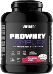 Weider ProWhey Complex (1,2kg) Goût Yaourt à la Fraise. Formule à base de Concentrés & Isolat de Protéine de Lactosérum + Caséinate, 3,4g BCAA/dose, Créatine, L-Glutamine, MCT, Vitamine B6, Bromélaïne