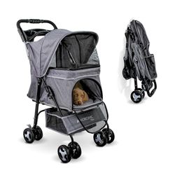 Mobiclinic® pets, Opvouwbare hondenwagen, Tot 15 kg, Voor kleine honden, Zuma, Wielen met 360° rem, 3 ramen rits muggennet, Bekerhouder