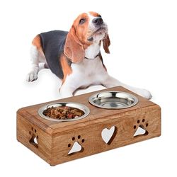 Relaxdays Support avec gamelles, pour Chiens, 2 Bols en Acier Inoxydable, 400 ML, HxLxP: 9x34x18,5 cm, Nature - argenté