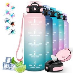 Drinkfles, 1,5 liter, lekvrije fitnessfles, motiverende waterfles met tijdschaal, drinkfles met rietje, gemakkelijk te reinigen, drinkfles voor sport, wandelen, fietsen, roze-groen
