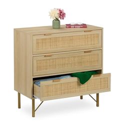 Relaxdays Chest of Drawers, Bedroom Dresser, Rattan Look, 80x80x42 cm, Living Room & Hallway Sideboard, Natural/Gold, Plastic, Fibreboard, Iron