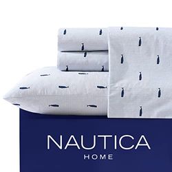 Nautica - King Sheet Set, Cotton Percale Bedding Set, Crisp & Cool, Lightweight & Breathable (Whale Stripe Blue, King)