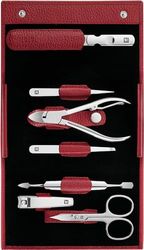 ZWILLING Manicure and Pedicure Set, Classic Inox, Travel Case Set, Nail Care, Leather, 7 Pieces, Red