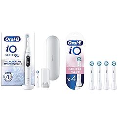 Oral-B iO 8N Brosse À Dents Électrique Blanche connectée Bluetooth, 2 Brossettes, 1 Étui De Voyage & iO Gentle Care, Embout, Pack de 4 Brossettes de Rechange pour Brosse à Dents Électrique