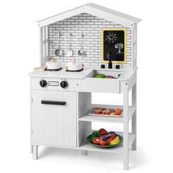 FANTASK Cuisine en Bois pour Enfants à partir de 3 Ans avec Accessoires de Jeu, Tableau Noir, Robinet et évier