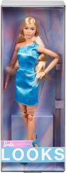 Barbie Looks-docka, samlarobjekt nr 23 med askblont hår och modern Y2K-stil, metallicblå klänning med bar axel och högklackade remskor, HRM15