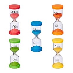 Relaxdays Clessidra, Set 5 Timer Cucina 1, 5, 10, 15, 30 Minuti, 11 x 4,5 cm Orologio per Bambini, Colorato, 40% plastica Vetro 30% Sabbia