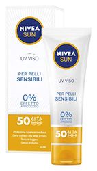 NIVEA SUN UV Viso Crema Solare per Pelli Sensibili FP50 da 50 ml, Crema viso con 0% effetto appiccicoso, Crema idratante e protettiva che protegge dalle irritazioni