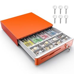 Tera Cassetto automatico da 16 pollici con microinterruttore con 5 scomparti per banconote e 8 scomparti per monete per sistemi POS, scomparti rimovibili per banconote con chiusura a chiave, arancione