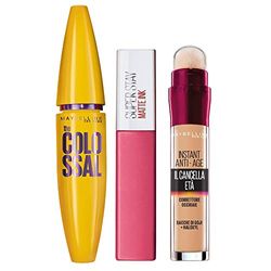 Maybelline New York Kit MakeUp Giorno Mascara Volumizzante Allungante, The Colossal Arricchito con Collagene + Correttore Multi-Uso il Cancella Età 02 Nude + Tinta Labbra a Lunga Durata, Matte Ink 15 Lover