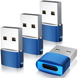 TiMOVO USB to USB C Adapter with LED Light, 4 Pack Type C Female to USB Male Adapter Charger, USB A to C Converter for iPhone 15/16 Pro Max Plus, AirPods, iWatch, iPad, Galaxy, CarPlay, Blue