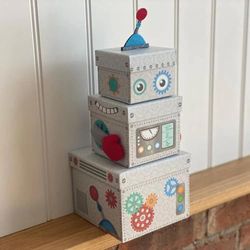 Clairefontaine K-29859-BXC - A Set of 3 Stackable Square Cardboard Boxes - Patterned Box for Children - Pattern: Robot - Ideal for: Storage, Decoration, Gift Box