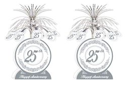 A Beistle Creation S50513AZ2 Beistle 25th Anniversary Centerpieces 2 Piece, 13” Twenty-Fifth Table Jubilee Party, Milestone Wedding Decor, Paper Plastic, Silver/White