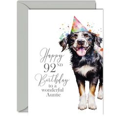92nd Birthday Cards for Auntie - Party Dog - Happy Birthday Card for 92 Year Old Aunt from Niece Nephew, 5x7 Inch Bday Woman Women Her Greeting Cards Gift for Aunty Birthday Gifts