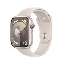 Apple Watch Series 9 [GPS + Cellular] Smartwatch con Caja de Aluminio en Blanco Estrella de 45 mm y Correa Deportiva Blanco Estrella - Talla M/L. Monitor de entreno, App Oxígeno en Sangre