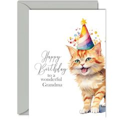 Birthday Cards for Grandma - Party Hat Cat Kitten - Happy Birthday Card for Grandma from Grandson Granddaughter, A5 Bday Gifts Greeting Cards for Women Her