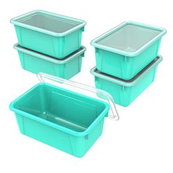 Storex Lot de 5 petits bacs à cubby – Boîtes de rangement en plastique pour salle de classe avec couvercle anti-claquement, 31 x 19,8 x 13 cm, bleu sarcelle (62412U05C)