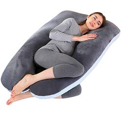 SHANNA Almohada de Embarazo, Almohada de Cuerpo Completo con Forma de U Grande, Sleep Confort Almohada con Funda de Terciopelo Reemplazable y Lavable para Dormir y Alimentar, 70 x 145 cm Gris+Azul