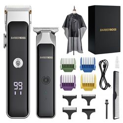 BarberBoss Tondeuse portable pour barbe et cheveux, tondeuse pour hommes avec lame en céramique, cadran de contrôle de précision, peignes de guidage, chargeur USB, LED rouge/verte, QR-2682