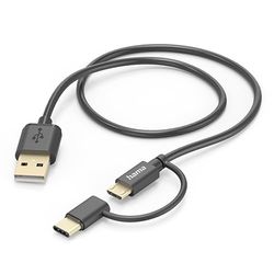 Hama 2-in-1 kabel USB 2.0 A - USB C/microUSB (oplaadkabel, adapter, USB-A, USB-C, kabel, 480 Mbit/s, 1 m) zwart