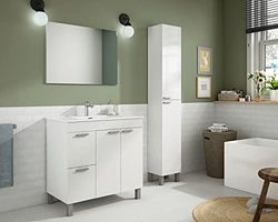 Dmora - Meuble de comptoir Lakewood, Armoire de toilette, Armoire avec 2 portes et deux tiroirs avec miroir, évier non inclus, cm 80x45h80, Blanc brillant