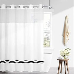 River Dream Tenda da doccia in tessuto con fodera a scatto, striscia nera con accento satinato, senza ganci necessari, finestra trasparente, magneti, anelli cromati, 71 x 74 cm, bianco
