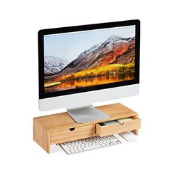 Relaxdays Support pour moniteur en bambou, Rehausseur d’écran 2 tiroirs, bureau et étude HLP, 11,5 x 47 x 18cm, naturel