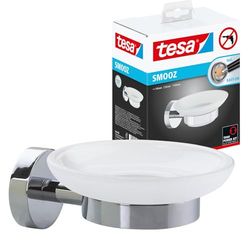 tesa Suporte para sabão Smooz, saboneteira de cristal acetinado com suporte cromado e inoxidável, resistente à água, inclui solução adesiva de montagem