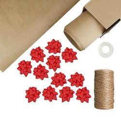 LEVIATAN Set per Confezioni Regalo 10 Fogli 630x525mm, Carta da Regalo Kraft con Filo di Iuta da 50 m, 12 Pezzi di Fiocchi Autoadesivi, Nastro Adesivo