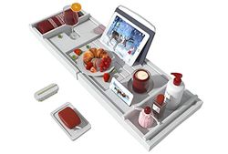 Plateau de Baignoire pour Baignoire de Luxe – Table de Bain Extensible en Bambou imperméable avec Support de vin et Livre et Porte-Savon (Blanc)