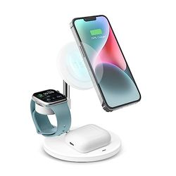 3-in-1 draadloze oplader, 15 W, compatibel met MagSafe voor iPhone, Android smartphones, Apple Watch, AirPods, laadstation met standaardfunctie en 1 USB-C-uitgang, inclusief oplaadkabel