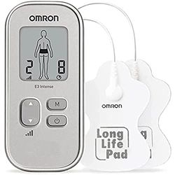 OMRON E3 Intense TENS - Traitement de la douleur adaptable avec 6 programmes, 3 programmes de massage, 15 niveaux d'intensité et des pads durables, réutilisables et lavables (Argent)
