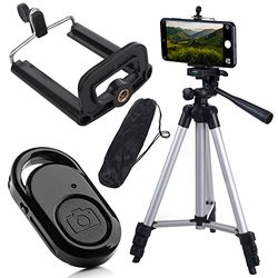 Maclean MC-165 Trípode Universal de 1/4" con Soporte para teléfono, Disparador Remoto Bluetooth y Funda de Transporte Apto para cámaras Videocámaras Smartphones Anillos