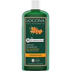 LOGONA Naturkosmetik Shampooing réparateur et nourrissant pour des cheveux naturellement sains, convient aux cheveux abîmés, shampooing réparateur et soin avec formule végétalienne à l'argousier bio,