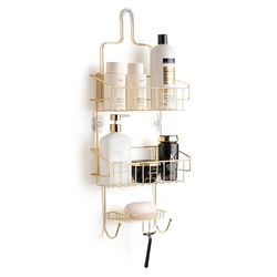 SIMPLI COZY Grand panier de douche en fer doré – Pas de perçage nécessaire – Rangement à deux niveaux – Porte-rasoir et luffa – Idéal pour une décoration esthétique moderne et propre