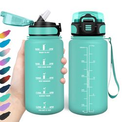 HoneyHolly Drinkfles, 500 ml, lekvrij, BPA-vrij, motiverende drinkfles met tijdmarkering, drinkfles met rietje, voor kinderen, fiets, fitness, school, kantoor