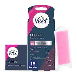 Veet Expert Fasce di cera fredda depilatoria per la depilazione del viso, adatto per labbro superiore (Bigotte), con burro di karitè, 16 strisce