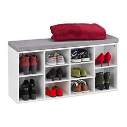 Relaxdays schoenenkast met zitkussen, 10 vakken, HBD: 52,5 x 104 x 30 cm, halbank, moderne schoenenbank voor hal, wit