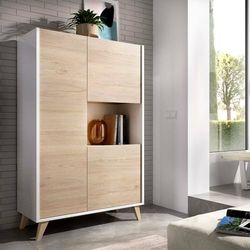 Dmora - Credenza Boario, Buffet alto da soggiorno, Madia moderna da salotto a 3 ante, 81x43h135 cm, Rovere e Bianco