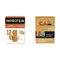 KIND High Protein Bars, Healthy Gluten Free & Low Calorie Snacks, Crunchy Peanut Butter, 12 Bars & Bars, Healthy Gluten Free & Low Calorie Snack Bars, Caramel Almond & Sea Salt, 12 Bars