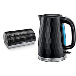 Morphy Richards 978050 Dimensions Roll Top Bread Bin with Stainless Steel Body, Black, Large & Russell Hobbs 26051 Cordless Electric Kettle - Contemporary Honeycomb Design, 1.7 Litre, 3000 W, Black