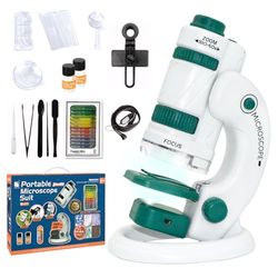 Todeco Microscope 60X-180X pour Enfants et Étudiants - Ensemble avec Zoom Éclairé par LED, 12 Lames Préparées - pour l'Observation Microbiologique