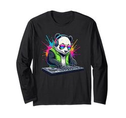Rainbow DJ Panda con occhiali da sole cuffie EDM musica divertente Maglia a Manica